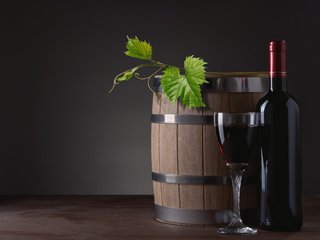 Обои бокал, вино, бутылка, лоза, бочка, красное, glass, wine, bottle, vine, barrel, red разрешение 3000x2208 Загрузить