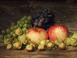 Обои орехи, виноград, фрукты, яблоки, фундук, натюрморт, лещина, nuts, grapes, fruit, apples, hazelnuts, still life, hazel разрешение 2700x1735 Загрузить