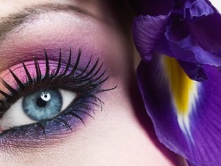 Обои глаза, синий, цветок, лицо, макияж, eyes, blue, flower, face, makeup разрешение 6104x3396 Загрузить