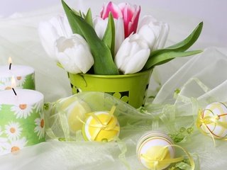 Обои цветы, свечи, тюльпаны, пасха, яйца, праздник, flowers, candles, tulips, easter, eggs, holiday разрешение 2560x1600 Загрузить