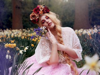 Обои цветы, девушка, настроение, букет, коса, нарциссы, венок, arabella, flowers, girl, mood, bouquet, braid, daffodils, wreath разрешение 2880x1920 Загрузить