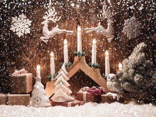 Обои свечи, снежинки, игрушки, олени, счастливого рождества, candles, snowflakes, toys, deer, merry christmas разрешение 5616x3744 Загрузить