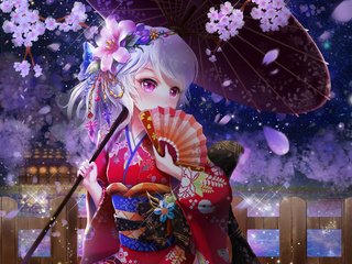 Обои цветение, аниме, зонт, сакура, кимоно, веер, юката, flowering, anime, umbrella, sakura, kimono, fan, yukata разрешение 2079x1605 Загрузить