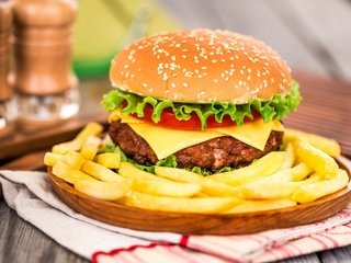 Обои гамбургер, брынза, быстрое питание, котлета, сыр, мясо, помидор, гамбург, картофель, булочка, hamburger, fast food, patty, cheese, meat, tomato, hamburg, potatoes, bun разрешение 2880x1920 Загрузить
