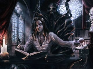 Обои арт, девушка, фэнтези, готика, мужчина, маг, книга, art, girl, fantasy, gothic, male, mag, book разрешение 1920x1200 Загрузить