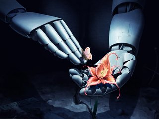 Обои цветы, арт, фантастика, робот, бабочки, руки, flowers, art, fiction, robot, butterfly, hands разрешение 2560x1600 Загрузить