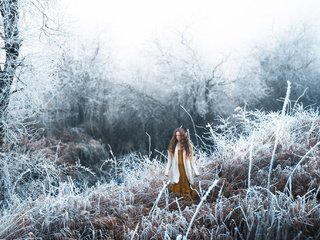 Обои трава, снег, лес, девушка, настроение, иней, длинные волосы, lizzy gadd, winter frost, grass, snow, forest, girl, mood, frost, long hair разрешение 2048x1368 Загрузить