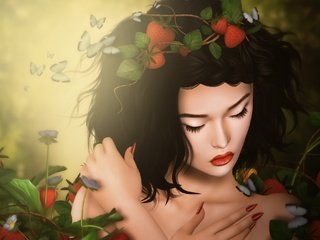 Обои девушка, брюнетка, грусть, клубника, бабочки, girl, brunette, sadness, strawberry, butterfly разрешение 2048x1376 Загрузить