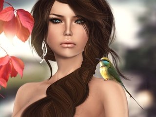 Обои девушка, брюнетка, птица, волосы, щурка, girl, brunette, bird, hair, schurka разрешение 2665x1705 Загрузить