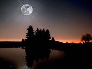 Обои небо, ночь, деревья, река, отражение, звезды, луна, the sky, night, trees, river, reflection, stars, the moon разрешение 1920x1080 Загрузить
