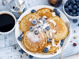 Обои кофе, завтрак, оладьи, голубика, панкейк, coffee, breakfast, pancakes, blueberries, pancake разрешение 2048x1367 Загрузить