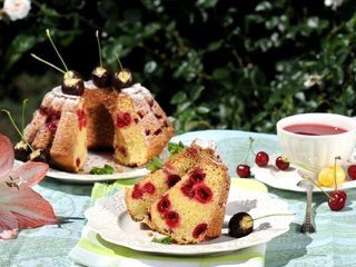 Обои цветок, лето, вишня, чай, выпечка, кекс, гиппеаструм, flower, summer, cherry, tea, cakes, cupcake, there разрешение 1920x1171 Загрузить