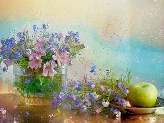 Обои цветы, космея, вода, капли, яблоко, ваза, незабудки, тарелка, натюрморт, flowers, kosmeya, water, drops, apple, vase, forget-me-nots, plate, still life разрешение 2048x1324 Загрузить