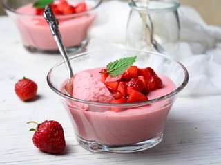 Обои мята, клубника, ягоды, десерт, мусс, mint, strawberry, berries, dessert, mousse разрешение 3300x2186 Загрузить