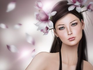 Обои цветы, девушка, портрет, брюнетка, лепестки, венок, магнолия, flowers, girl, portrait, brunette, petals, wreath, magnolia разрешение 2600x1710 Загрузить