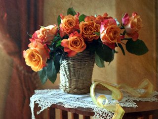 Обои текстура, розы, букет, корзина, лента, салфетка, texture, roses, bouquet, basket, tape, napkin разрешение 1920x1252 Загрузить