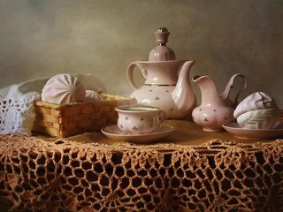 Обои чай, посуда, зефир, скатерть, сервиз, tea, dishes, marshmallows, tablecloth, set разрешение 1920x1222 Загрузить