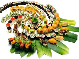 Обои зелень, креветки, черная икра, листья, красная икра, украшения, японская кухня, ломтики, лосось, рис, сервировка, суши, тунец, роллы, нарезка, морепродукты, красная рыба, greens, shrimp, black caviar, leaves, red caviar, decoration, japanese cuisine, slices, salmon, figure, serving, sushi, tuna, rolls, cutting, seafood, red fish разрешение 2880x2019 Загрузить