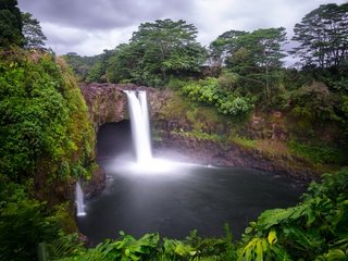 Обои деревья, лес, скала, водопад, сша, тропики, гавайи, hilo, trees, forest, rock, waterfall, usa, tropics, hawaii разрешение 2880x1820 Загрузить