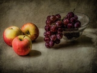 Обои макро, виноград, фрукты, яблоки, ваза, macro, grapes, fruit, apples, vase разрешение 2880x1908 Загрузить