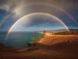 Обои деревья, природа, зелень, море, пляж, радуга, царство, trees, nature, greens, sea, beach, rainbow, kingdom разрешение 1920x1200 Загрузить