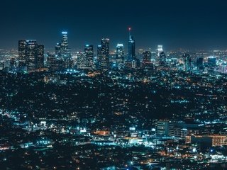 Обои ночь, город, небоскребы, сша, калифорния, лос-анджелес, night, the city, skyscrapers, usa, ca, los angeles разрешение 2560x1440 Загрузить