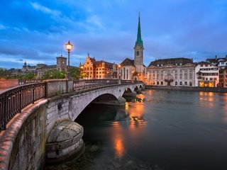 Обои река, мост, швейцария, дома, фонарь, шпиль, цюрих, river, bridge, switzerland, home, lantern, spire, zurich разрешение 2048x1365 Загрузить