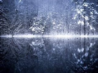 Обои деревья, озеро, река, снег, природа, зима, отражение, япония, trees, lake, river, snow, nature, winter, reflection, japan разрешение 2048x1365 Загрузить