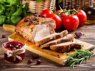 Обои мясо, помидоры, соус, буженина, meat, tomatoes, sauce, pork разрешение 1920x1275 Загрузить