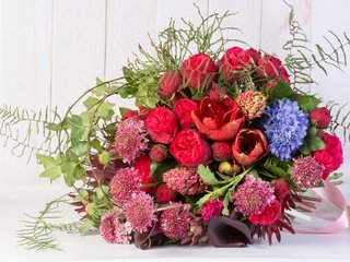 Обои цветы, розы, букет, каллы, гиацинт, амариллис, flowers, roses, bouquet, calla lilies, hyacinth, amaryllis разрешение 4555x3032 Загрузить