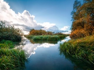 Обои небо, трава, облака, деревья, река, отражение, the sky, grass, clouds, trees, river, reflection разрешение 1920x1280 Загрузить