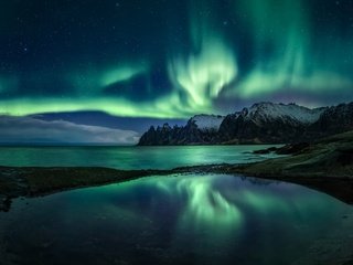 Обои ночь, озеро, горы, северное сияние, норвегия, senjahopen, troms fylke, night, lake, mountains, northern lights, norway разрешение 2048x1355 Загрузить