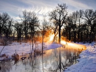 Обои деревья, река, закат, зима, пейзаж, trees, river, sunset, winter, landscape разрешение 2048x1365 Загрузить