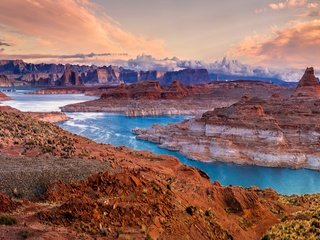 Обои облака, река, горы, камни, каньон, clouds, river, mountains, stones, canyon разрешение 3000x2000 Загрузить