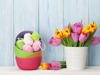 Обои цветы, букет, тюльпаны, пасха, праздник, декор, flowers, bouquet, tulips, easter, holiday, decor разрешение 5525x3683 Загрузить