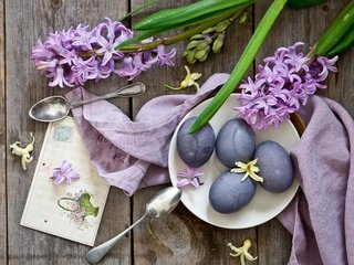 Обои цветы, пасха, яйца, открытка, гиацинты, ложки, крашенки, flowers, easter, eggs, postcard, hyacinths, spoon разрешение 4256x2832 Загрузить