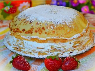 Обои клубника, ягоды, блинчики, блины, блинчии, блинный торт, strawberry, berries, pancakes, blinkie, pancake cake разрешение 3014x1891 Загрузить