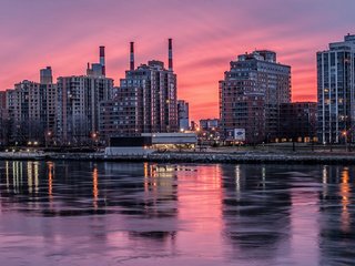 Обои огни, закат, зима, лёд, сша, нью-йорк, lights, sunset, winter, ice, usa, new york разрешение 2048x1216 Загрузить