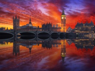 Обои закат, отражение, мост, лондон, англия, биг-бен, sunset, reflection, bridge, london, england, big ben разрешение 2048x1367 Загрузить
