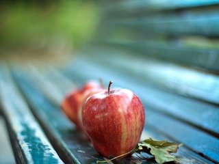 Обои макро, фрукты, яблоки, осень, лист, скамейка, яблоко, macro, fruit, apples, autumn, sheet, bench, apple разрешение 1920x1080 Загрузить