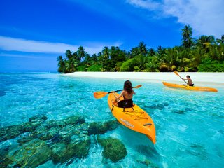 Обои море, пляж, лодки, отдых, остров, тропики, мальдивы, sea, beach, boats, stay, island, tropics, the maldives разрешение 5616x3744 Загрузить