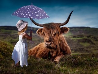 Обои природа, шляпка, фон, платье, девочка, ребенок, рога, зонтик, корова, nature, hat, background, dress, girl, child, horns, umbrella, cow разрешение 5616x3744 Загрузить