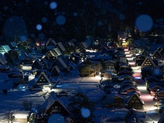 Обои ночь, снег, зима, город, япония, сиракава, night, snow, winter, the city, japan, shirakawa разрешение 1920x1080 Загрузить