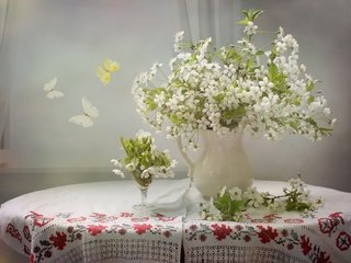 Обои цветы, ветки, вышивка, вишня, бабочки, кувшин, скатерть, мотылек, flowers, branches, embroidery, cherry, butterfly, pitcher, tablecloth, moth разрешение 2418x1881 Загрузить