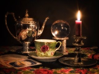 Обои карты, чашка, свеча, хрустальный шар, атрибуты, гадание, ашка, card, cup, candle, crystal ball, attributes, divination, ashka разрешение 2877x1920 Загрузить