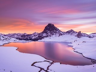 Обои озеро, горы, природа, закат, зима, lake, mountains, nature, sunset, winter разрешение 2880x1800 Загрузить