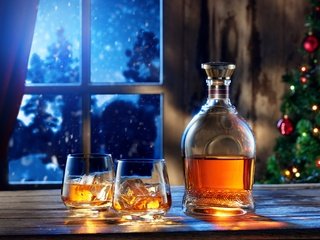 Обои новый год, виски, елка, напиток, лёд, окно, стакан, бутылка, коньяк, new year, whiskey, tree, drink, ice, window, glass, bottle, cognac разрешение 3600x2400 Загрузить