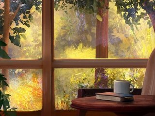 Обои mandy jurgens, деревья, природа, интерьер, предметы, стол, окно, чашка, книга, trees, nature, interior, items, table, window, cup, book разрешение 1920x1200 Загрузить