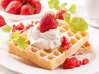 Обои мята, клубника, десерт, вафли, крем, mint, strawberry, dessert, waffles, cream разрешение 5140x3415 Загрузить