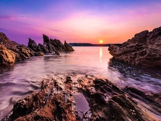 Обои скалы, закат, побережье, океан, rocks, sunset, coast, the ocean разрешение 1920x1080 Загрузить